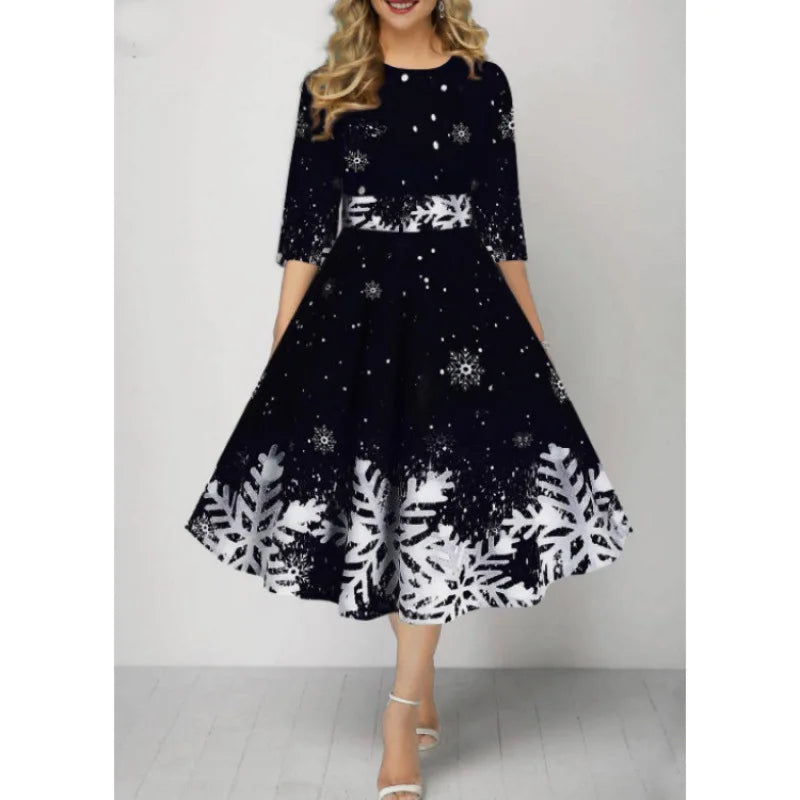 Christmas Style Women's Clothing New Fashion Personality Snowflake Digital Print Temperament Mid Sleeve Waist Cinching Dress Y2k