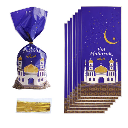 50pcs Eid Mubarak Gift Bags Plastic Candy Cookie Bag Ramadan Kareem Decoration 2024 Islamic Muslim Party Supplies Gift Packing