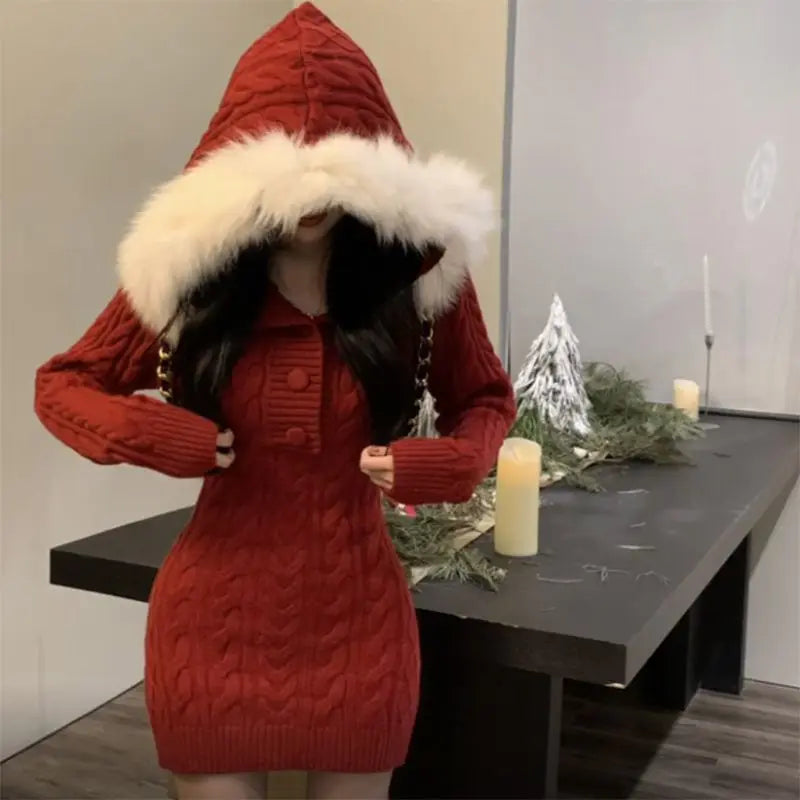 Winter New Christmas Stylish Waist Slimming Long Sleeve Hooded Knitted Red Dress Spicy Girl Sexy Wrap Hip Mini Dress for Women