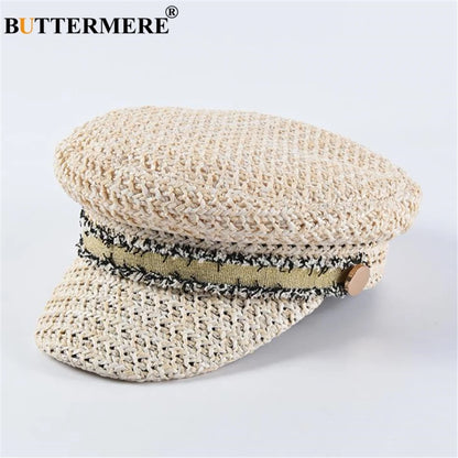 BUTTERMERE Straw Newsboy Cap Women Baker Boy Hat Female Khaki British Style Retro Designer Brand Spring Summer Octagonal Cap