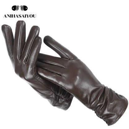 Classic Pleated Leather Gloves Women Color Real Leather Gloves Women Sheepskin Genuine Leather Winter Gloves Women-2081