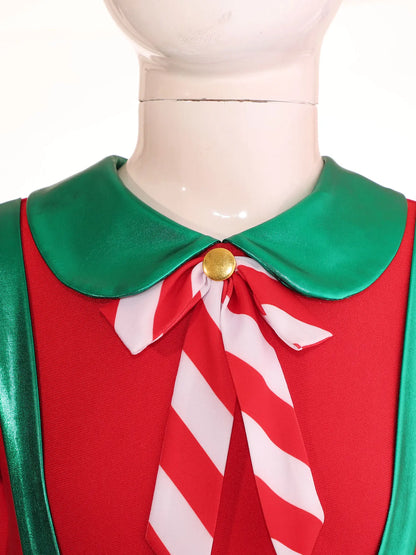 Kids Girls Christmas Elf Dance Costume Puff Sleeve Stripes Tutu Dress Ballet Skating Leotard for Xmas Festival Carnival Party