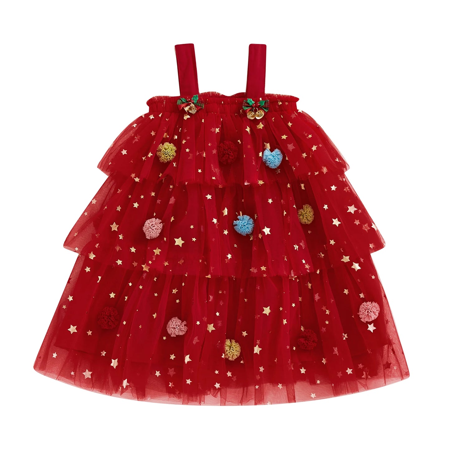 FOCUSNORM 1-9y 2 Colors Little Girls Christmas Dress Strap Sleeveless Star Print Lace Layered Tulle Sundress With Plush Ball Hat