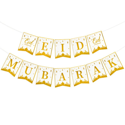 Eid Mubarak Disposable Tableware Gold Plate Cup Banner Gift Bags Islamic Muslim Party Supplies 2024 Ramadan Kareem Decorations