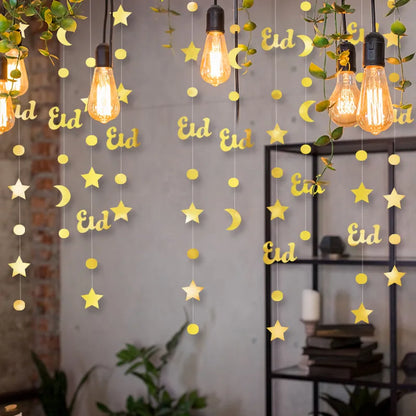 Gold Star Moon Circle Dot Crescent Lamp Eid Paper Garland Gold Mubarak Ramadan Streamer Backdrop Muslim Party Banner Decorations