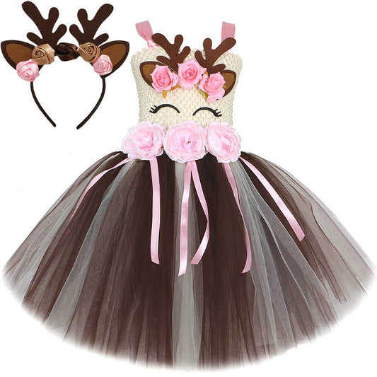 Pink Flowers Deer Costumes for Girls Christmas Holiday Tutu Dress for Kids Reindeer Xmas Outfit Children New Year Clothes Gift