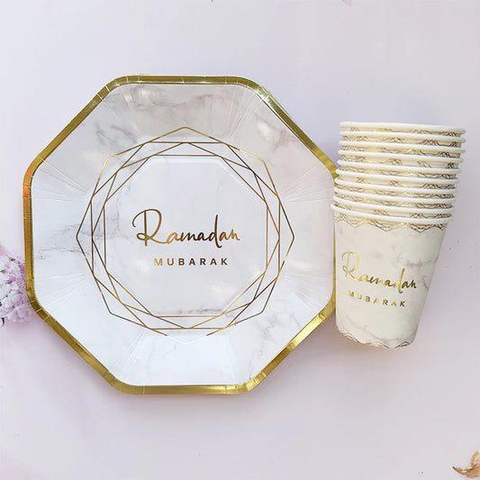 Eid Mubarak Plates Banner Balloon Tableware Ramadan Decoration 2024 Ramadan Kareem Islamic Muslim Party Decor Eid Al Adha Gifts