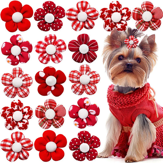 10/20pcs Flower Dog Hair Bow Red Style Valentine's Day Decorate Dog Bowknot With Rubber Bands for Small Dog Puppy Accessories