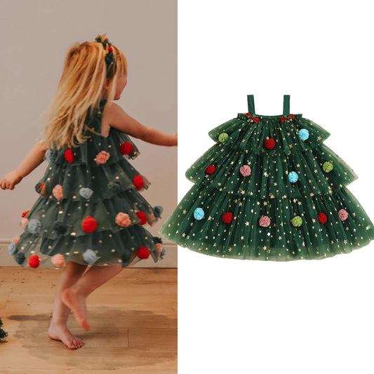 FOCUSNORM 1-9y 2 Colors Little Girls Christmas Dress Strap Sleeveless Star Print Lace Layered Tulle Sundress With Plush Ball Hat