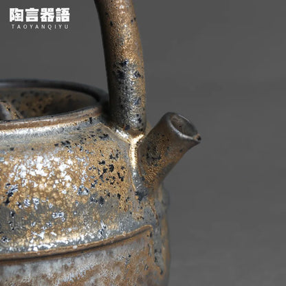 460ml Japanese-Style Kiln Changed Retro Stoneware Large-Sized Handle Teapot Handmade Pottery Kung Fu Wide-Mouth Warm Tea Kettle