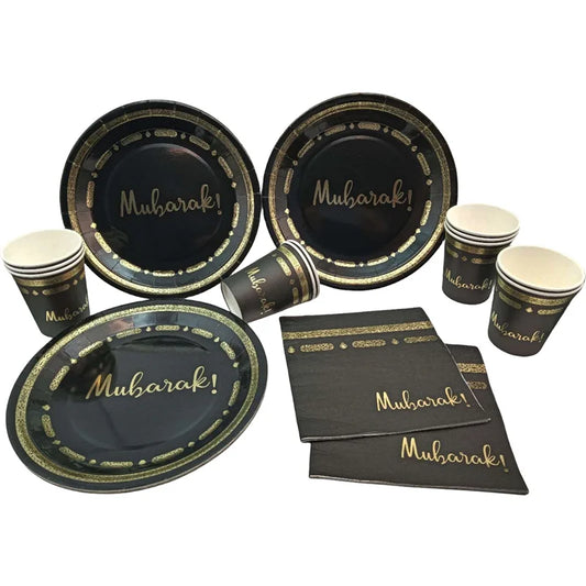 Eid Mubarak Black Gold Disposable Paper Plates Cups Napkins Ramadan Kareem Islamic Muslim Eid Al Adha Party Decor Supplies