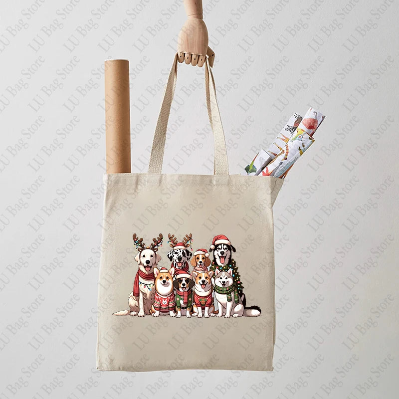 Christmas Dogs Pattern Tote Bag Canvas Shoulder Bag Women's Reusable Shopping Bags Best Gift for Xmas Dog Lover Christmas Gift