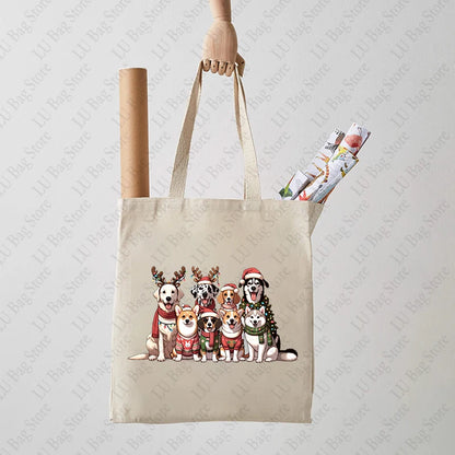 Christmas Dogs Pattern Tote Bag Canvas Shoulder Bag Women's Reusable Shopping Bags Best Gift for Xmas Dog Lover Christmas Gift