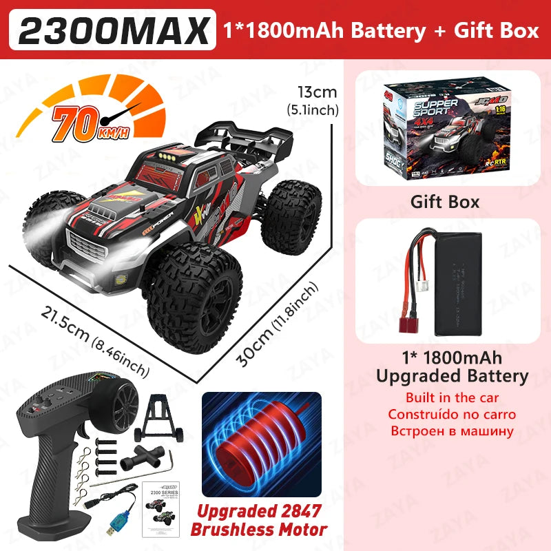 1:16 70km/H or 50km/H 4WD RC Car With LED Remote Control Cars High Speed Drift Monster 4x4 Truck for Kids Toy 2300PRO 2300MAX