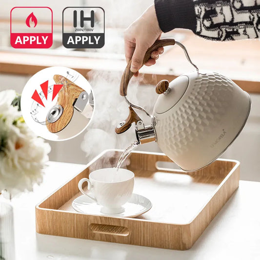 2.5l/3l Whistle Kettle Stainless Steel Antirust Teapot Classic Wood Grain Insulated Handle Make Coffee Milk Flower Tea Teapot