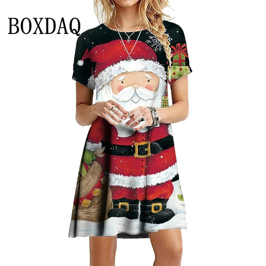 2024 Fashion Women Christmas Party Dresses Casual Cute Cartoon Santa Print Dress Loose Short Sleeve A-Line Dress