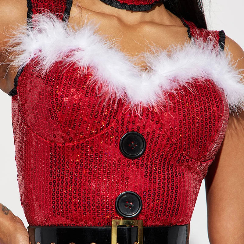 Women Santa Costume Mrs Claus Dress Cosplay Christmas V-Neck Furry Fancy Red Dress for New Year Clothes Y2k Streetwear Outfits