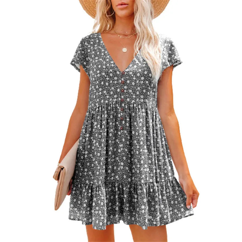 Women's Summer Sun Dresses Floral Full Print Button Up Dress Women Beach Dress V-Neck Casual Loose Dress Women's Summer Clothing