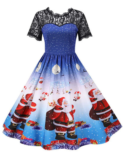 Lace Christmas Dress Women New Short Sleeve Print High Waist Elegant Vintage Winter Xmas Party Sundress 3XL Robe