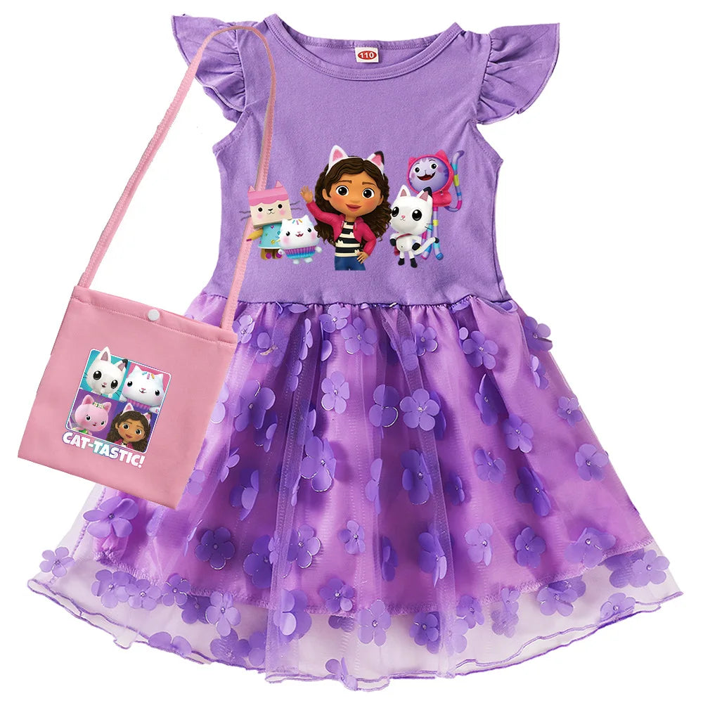 Vestidos Gabbys Dollhouse Clothes Kids Cartoon Gabby Chat Dress Baby Girls Summer Short Sleeve Casual Dresses and Bag & Headband