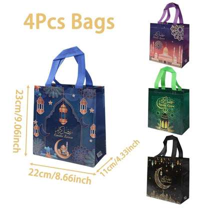 4Pcs Eid Mubarak Gift Bag Ramadan Decor 2024 Nonwoven Pouch Cookie Candy Packaging Bags Muslim Islamic Ramadan Kareem Supplies