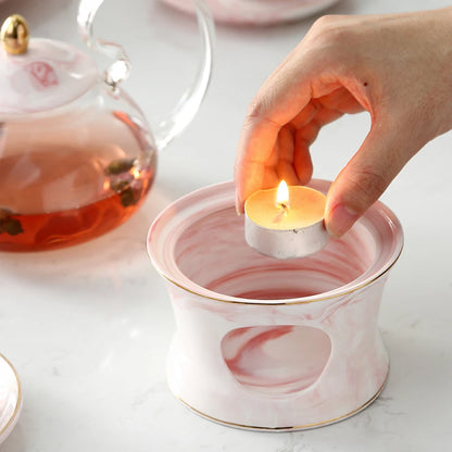 MUZITY Glass Teapot With Ceramic Base Creative Marble Design Tea Pot Tool Kettle Set With Strainer and Candle