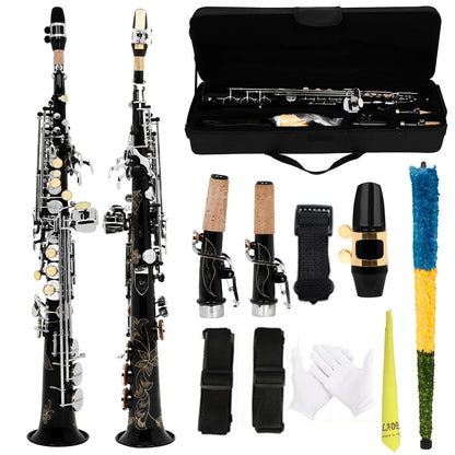 SLADE Black Soprano Saxophone Standard Bb Straight Soprano Saxophone Brass Body Carved White Shell Keys Sax With  Strap Gloves