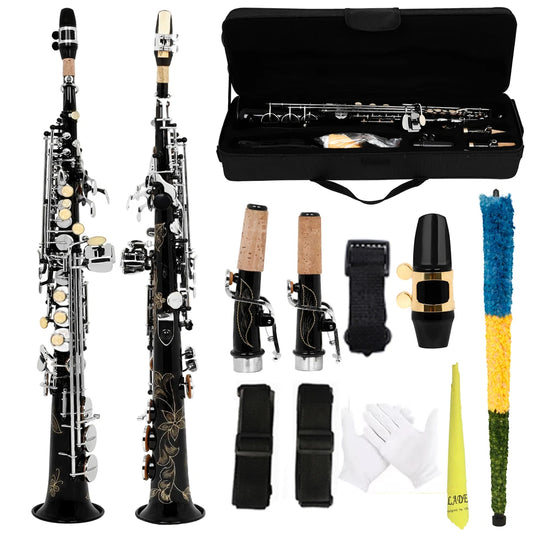 SLADE Black Soprano Saxophone Standard Bb Straight Soprano Saxophone Brass Body Carved White Shell Keys Sax With  Strap Gloves