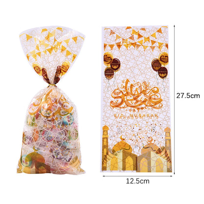 50pcs Eid Mubarak Gift Bags Plastic Candy Cookie Bag Ramadan Kareem Decoration 2024 Islamic Muslim Party Supplies Gift Packing