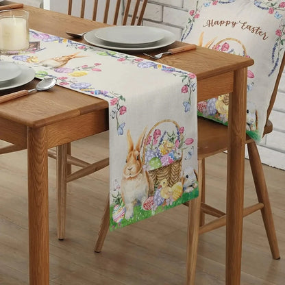 Linen Easter Table Runner Cute Bunny Dining Table Cloth 2024 Spring Holiday Happy Easter Decoration for Home Party Supplies Gift