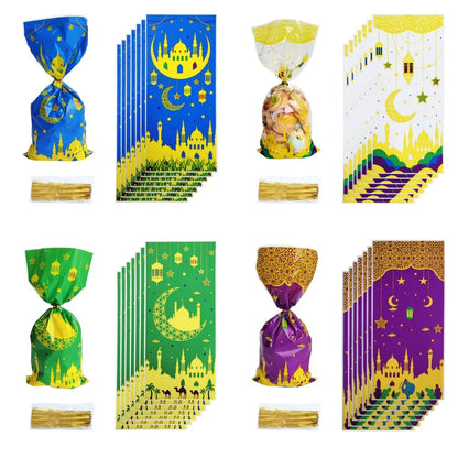 50pcs Eid Mubarak Gift Bags Plastic Candy Cookie Bag Ramadan Kareem Decoration 2024 Islamic Muslim Party Supplies Gift Packing