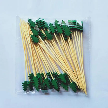 50Pcs/Set Christmas Fruit Sticks Disposable Bamboo Sticks Snowflake Christmas Tree Elk Santa Claus Snowman Sticks Xmas Ornaments