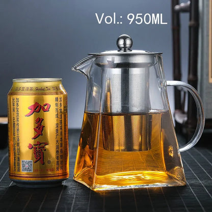 Heat-Resistant Glass Square Teapot With Stainless Steel Filter Baskets, Clear Kettle, Brewing Tea Pot, Heatable Pitcher, Jug