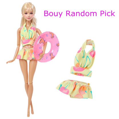 1x Doll Swimwear Beach Bathing Clothes Lovely Bikini Swimsuit + Random 1x Swimming Buoy Lifebelt Ring for Barbie Doll Baby Toys