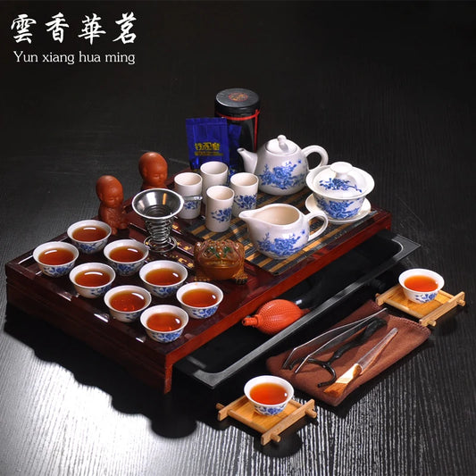 Kung Fu Tea Set the Whole Kettle Set of Blue and White Porcelain Ceramic Teapot Solid Wood Tea Tray Tea Ceremony
