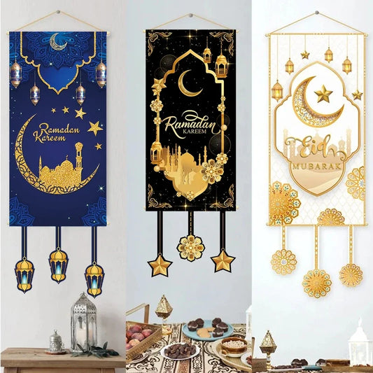 Eid Mubarak Decoration 2024 Hanging Flag Ramadan for Home Door Islamic Muslim Party Decor Ramadan Kareem Banner Eid Al-Fitr Gift