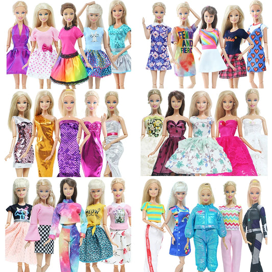 5 Pcs/Set Cute Handmade Doll Dress Deep v Pink Party Wear Shiny Bowknot Outfits Clothes for Barbie Doll Accessories Kids Toy