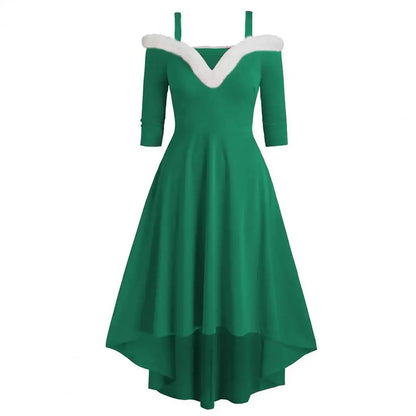 Women Dress Faux Fur Collar Sling Off Shoulder v Neck Long Sleeves Christmas Dress High Low Hem Midi Dress for Christmas