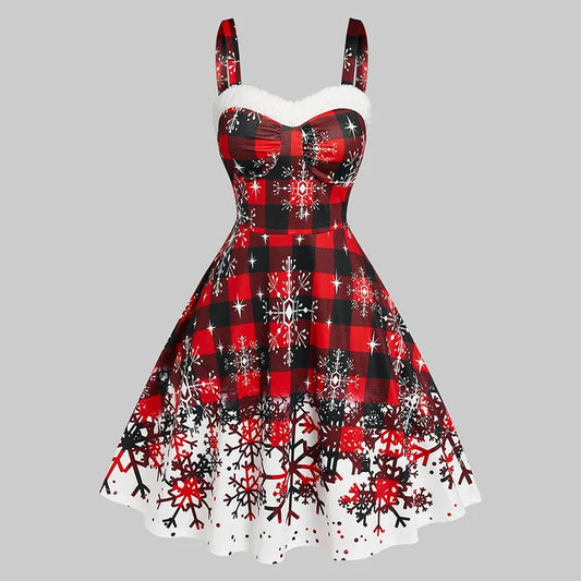 2024 New Womens Christmas Party Dress Plaid Snowflake Print Sleeveless Dress Sweetheart Neck Xmas Dresses Vestidos