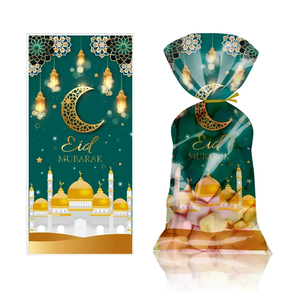 25/50pcs 2024 Eid Mubarak Gift Bags Plastic Candy Cookie Bag Ramadan Kareem Decor Islamic Muslim Party Supplies Eid Gifts Bags