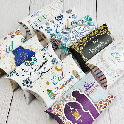 10pcs Eid Mubarak Gift Kraft Bag Box Pillow Candy Cookie Chocolate Paper Box Ramadan Kareem Decoration Party Supplies Kids Gift