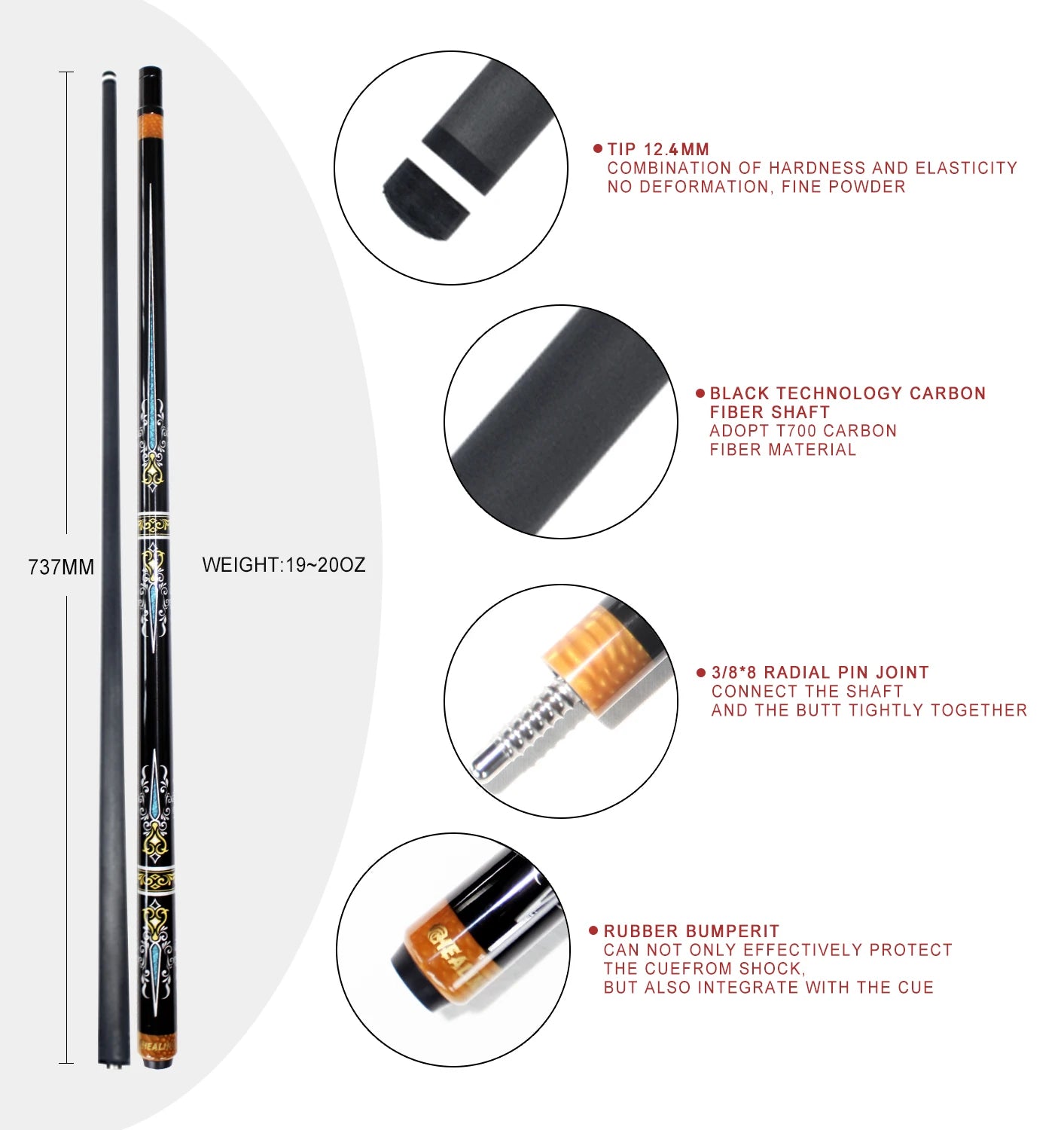 HEALING CUE- Carbon Fiber Pool Cue Black Technology Low Deflection Billiard ,12.4mm,147cm,19-20oz Billiard Pool Stick