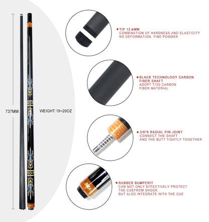 HEALING CUE- Carbon Fiber Pool Cue Black Technology Low Deflection Billiard ,12.4mm,147cm,19-20oz Billiard Pool Stick