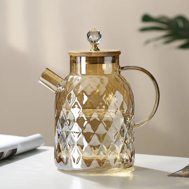 YWDL 1/1.5/1.8l Glass Teapot With Bamboo Lid Amber Color Diamond Cold Kettle Heat-Resisting Pot for Loose Leaf Fruit Scented Tea