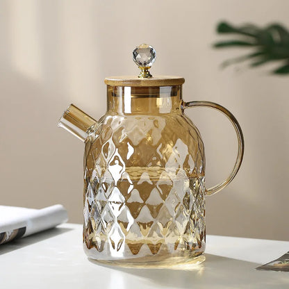 YWDL 1/1.5/1.8l Glass Teapot With Bamboo Lid Amber Color Diamond Cold Kettle Heat-Resisting Pot for Loose Leaf Fruit Scented Tea