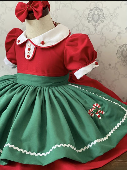 0-12y Baby Girl Autumn Winter Red Velvet Lollipop Cane Candy Embroidery Vintage Spanish Princess Ball Gown Dress for Eid Causal