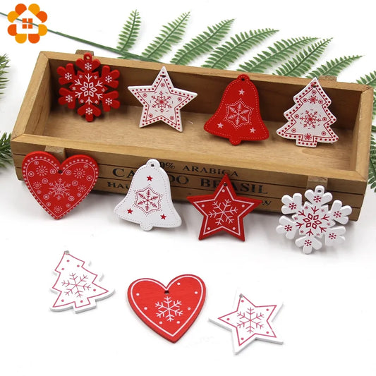 12pcs/Lot DIY White&Red Christmas Printed Wooden Pendants Ornaments for Kids Christmas Gifts Xmas Tree Ornaments Decorations