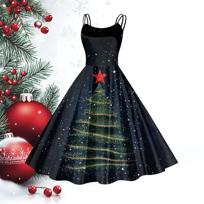 Women Christmas Casual Suspender Dresses Vintage Sleeveless Dress Xmas Party Formal Vestidos Big Hem Swing for Woman Clothing