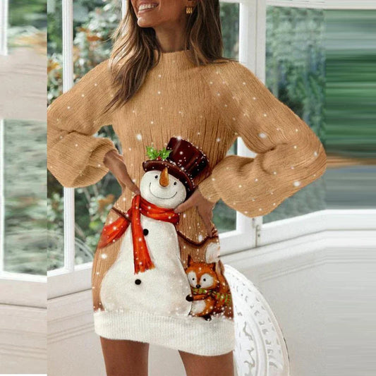Vintage Christmas Printing Party Dress for Women Autumn Fashion Half High Collar Lantern Long Sleeve Dress Lady Bodycon Vestidos