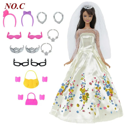 14 Pcs / Lot = 1x Fairy Tale Doll Dress + 13x Random Accessories Shoes Handbag Glasses Clothes for Barbie Doll Girl Baby Toys